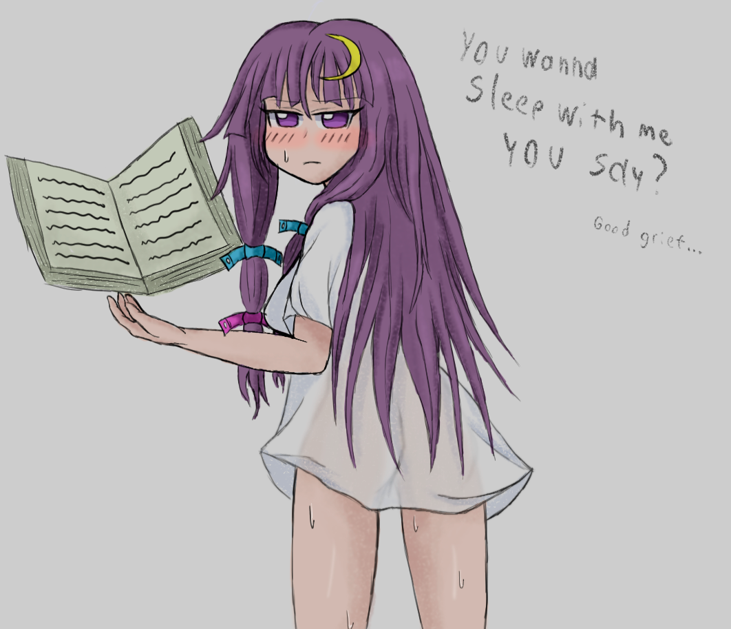 1girl ass blush book looking_at_viewer no_panties patchouli_knowledge purple_eyes purple_hair shirt sweat thighs touhou xsmile