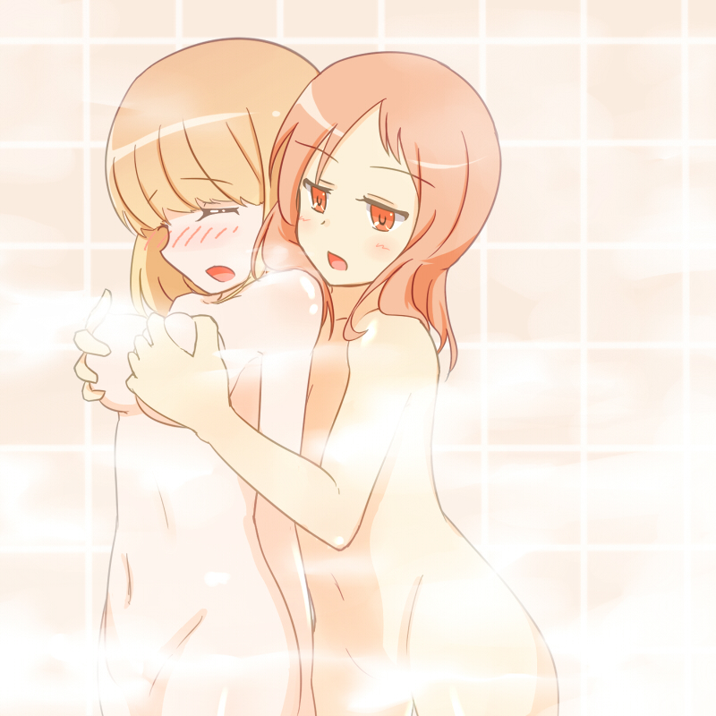 2girls bad_id bad_pixiv_id bathing blush brown_eyes brown_hair completely_nude fukuji_mihoko groping multiple_girls nude saki_(manga) short_hair steam takei_hisa tiles txen_cn yuri