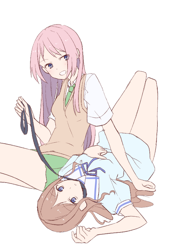 2girls bang_dream! bang_dream!_it&#039;s_mygo!!!!! blue_dress blue_eyes blush brown_hair brown_sweater_vest chihaya_anon closed_mouth collar collared_shirt commentary dress green_necktie green_skirt grey_eyes gumoyu haneoka_school_uniform holding holding_leash leash long_hair looking_at_viewer lying multiple_girls nagasaki_soyo necktie on_back open_mouth pink_hair school_uniform shirt short_sleeves simple_background skirt smile sweater_vest tsukinomori_school_uniform white_background white_shirt yuri