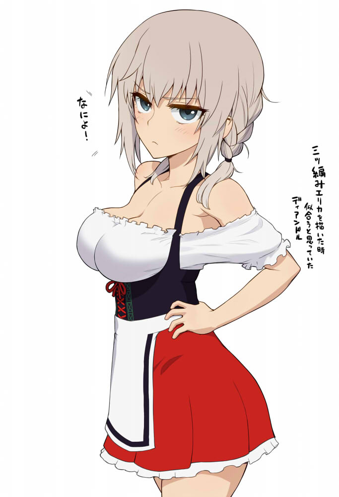 1girl alternate_costume alternate_hairstyle apron blue_eyes blush breasts cleavage closed_mouth cowboy_shot dirndl frilled_skirt frilled_sleeves frills frown german_clothes girls_und_panzer hair_tie hands_on_own_hips itsumi_erika long_hair looking_at_viewer low_twintails medium_breasts miniskirt off-shoulder_shirt off_shoulder red_skirt shirt short_sleeves silver_hair simple_background skirt solo standing translated twintails underbust waist_apron wata_do_chinkuru white_apron white_background white_shirt