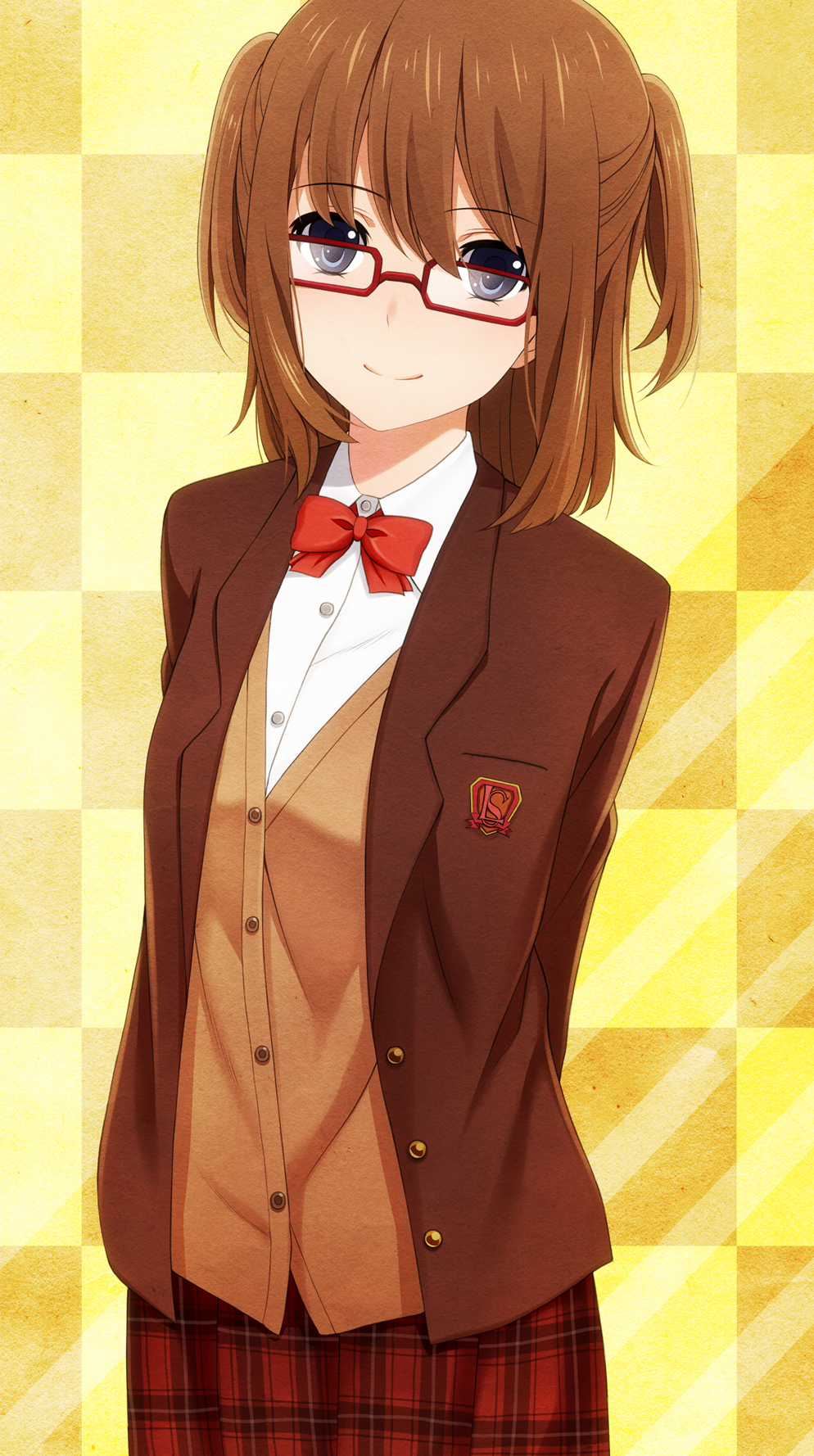 1girl arms_behind_back blazer blue_eyes brown_hair cardigan female_focus glasses highres jacket laco_soregashi original plaid_clothes plaid_skirt pleated_skirt school_uniform skirt smile solo two_side_up