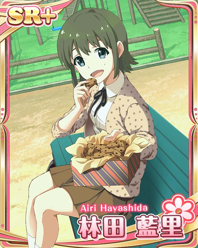 10s 1girl :d bench blue_eyes card_(medium) character_name chocolate_chip_cookie cookie dutch_angle female_focus food green_hair hayashida_airi looking_at_viewer mole mole_under_eye official_art open_mouth outdoors playground ribbon short_hair sitting skirt smile solo swing_set wake_up_girls! wake_up_girls!_stage_no_tenshi