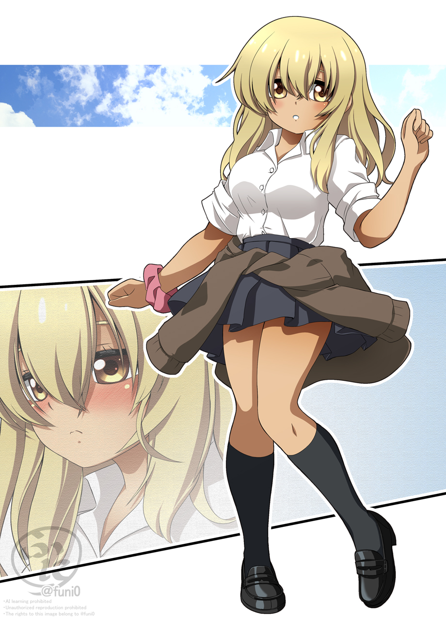 1girl artist_logo artist_name black_footwear black_skirt black_socks blonde_hair blush brown_cardigan cardigan cardigan_around_waist clothes_around_waist contrapposto dark-skinned_female dark_skin f20_(funimaru) full_body hair_between_eyes higa_kana highres loafers logo long_bangs long_hair looking_at_viewer miniskirt multiple_views okinawa_de_suki_ni_natta_ko_ga_hougen_sugite_tsurasugiru parted_lips pink_scrunchie school_uniform scrunchie shirt shoes skirt sleeves_rolled_up socks twitter_username white_shirt wrist_scrunchie yellow_eyes