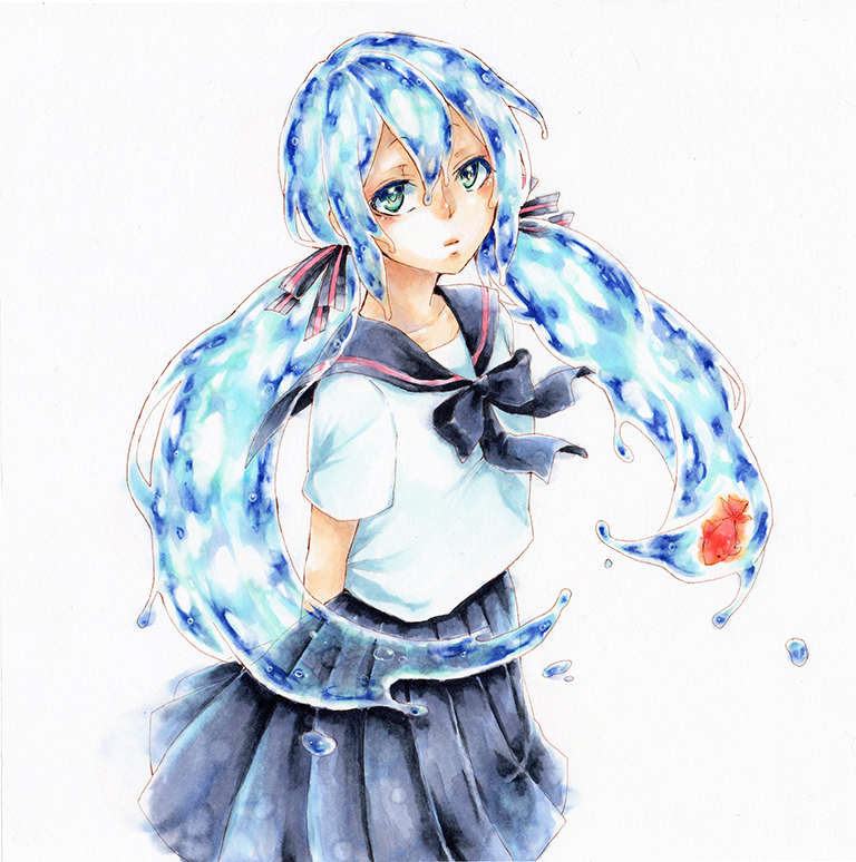 1girl amaichi_esora bad_id bad_pixiv_id blue_hair bottle_miku female_focus fish green_eyes hair_ribbon hatsune_miku liquid_hair long_hair looking_at_viewer ribbon school_uniform serafuku simple_background skirt solo twintails very_long_hair vocaloid water white_background