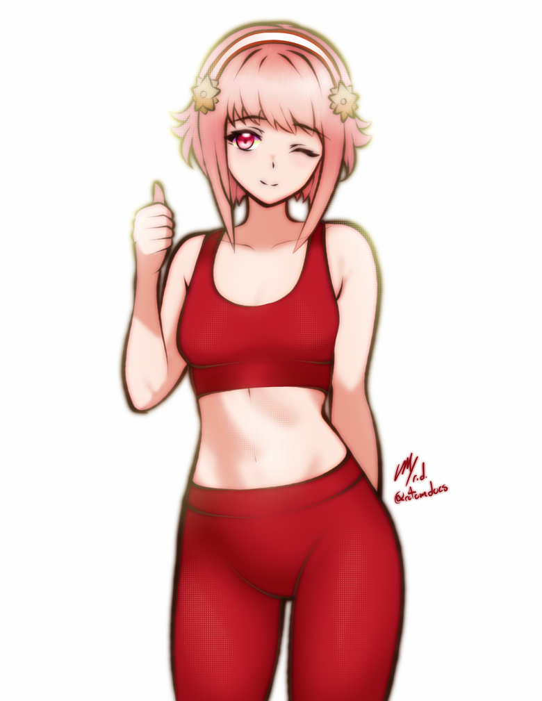 1girl ;) alternate_costume breasts commission fire_emblem fire_emblem_fates ko-fi_commission looking_at_viewer navel nintendo one_eye_closed pink_eyes pink_hair rotomdocs sakura_(fire_emblem) small_breasts smile solo sportswear thumbs_up