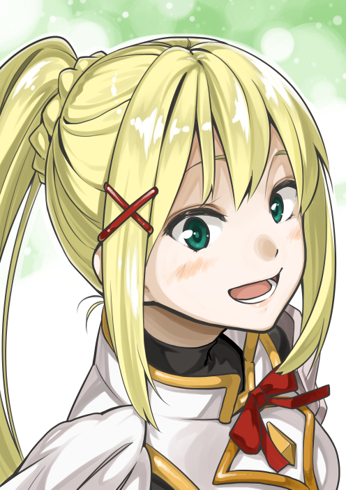 1girl blonde_hair blue_eyes blush breasts darkness_(konosuba) female_focus hair_ornament kono_subarashii_sekai_ni_shukufuku_wo! long_hair looking_at_viewer minatsuki_(sitsu) ponytail smile solo x_hair_ornament