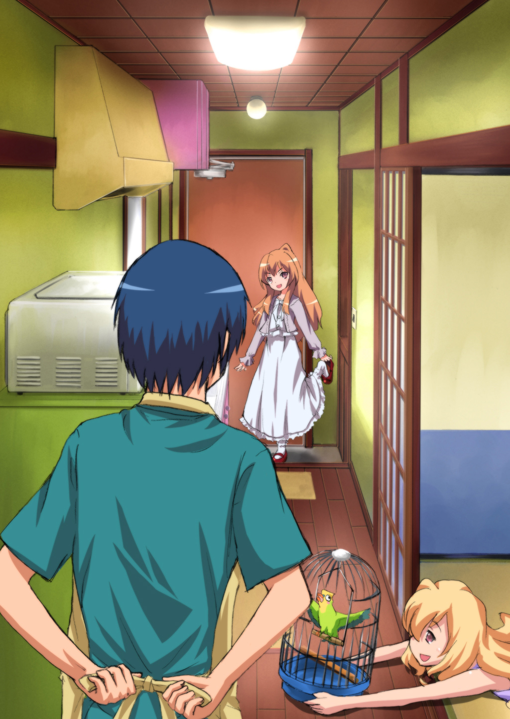 00s 1boy 2girls aisaka_taiga aqua_shirt door frills highres indoors inko_(toradora) lying multiple_girls on_stomach sakaki_soshi shirt standing standing_on_one_leg takasu_ryuuji takasu_yasuko toradora! white_legwear wooden_floor