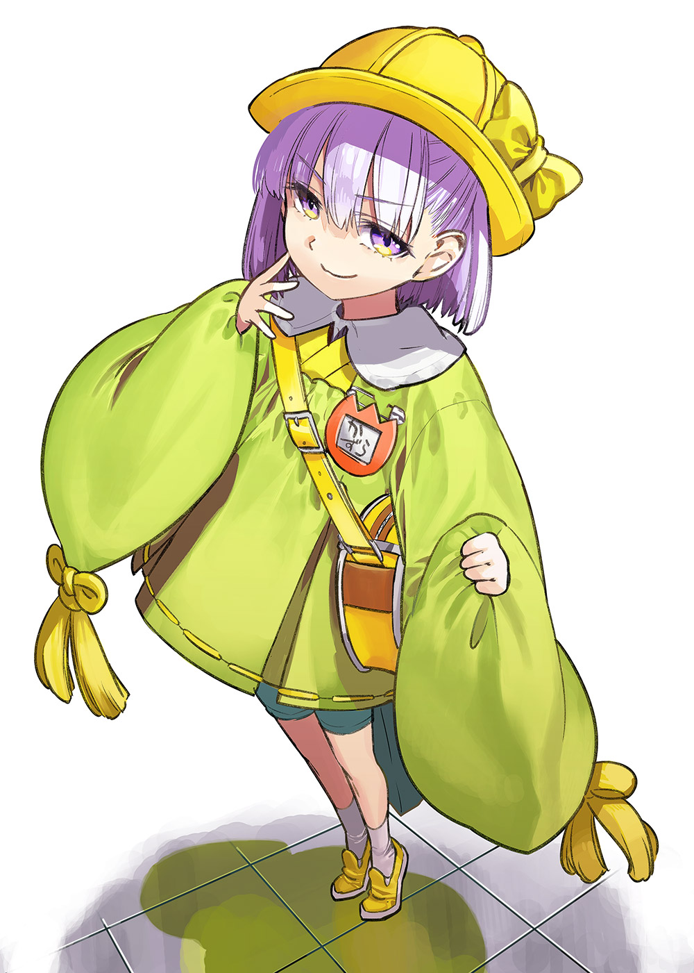 1girl breasts fate/grand_order fate_(series) full_body green_shirt green_shorts hat highres kazuradrop_(fate) kazuradrop_(first_ascension)_(fate) long_sleeves purple_eyes purple_hair shirt short_hair shorts small_breasts smile solo takenoko_seijin wide_sleeves yellow_hat