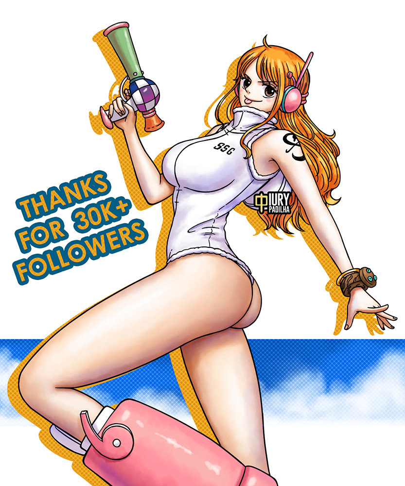 1girl :p arm_tattoo ass bare_legs boots breasts brown_eyes gun headphones heattech_leotard holding holding_gun holding_weapon huge_ass iury_padilha large_breasts leg_up leotard long_hair looking_at_viewer looking_back milestone_celebration nami_(one_piece) one_piece open_mouth orange_hair pink_footwear radio_antenna sideboob smile solo standing tattoo thighs tongue tongue_out turtleneck weapon white_leotard