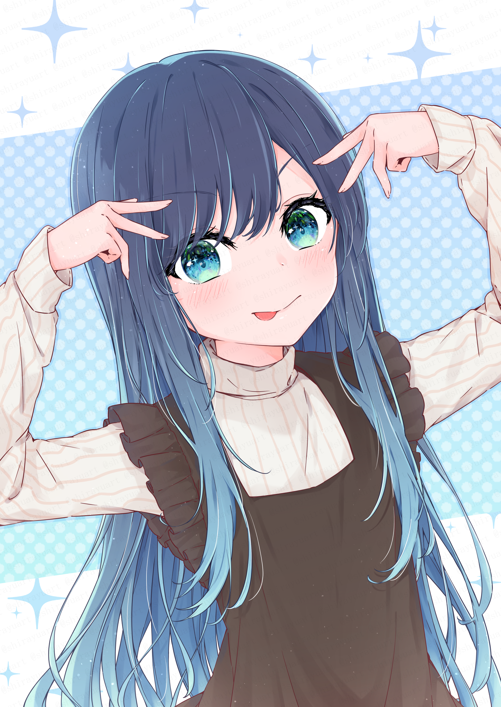 kurokawa akane, oshi no ko, absurdres, commentary request, highres, partial  commentary, variant set, 1girl, aged down, alternate hair length, alternate  hairstyle, arms up, black dress, blue eyes, blue hair, blush, double v,