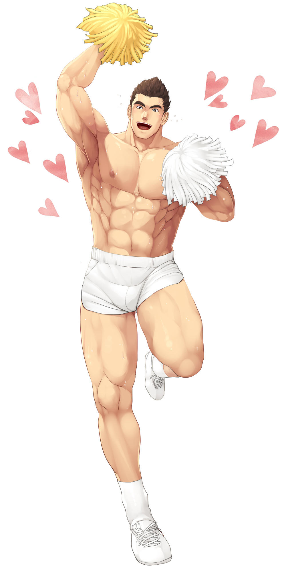 1boy :d abs arm_up bara brown_hair bulge cheering cheerleader full_body heart highres large_pectorals looking_at_viewer male_focus muscular muscular_male navel nipples open_mouth original pectorals short_hair shorts smile solo spiked_hair stomach thick_thighs thighs white_background white_shorts winemvee