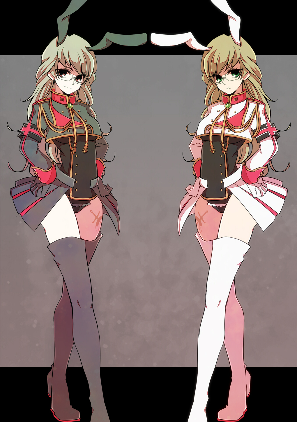 10s 2girls animal_ears bad_id bad_pixiv_id barnaby_brooks_jr. blonde_hair boots chiester_sisters dark_persona dual_persona genderswap genderswap_(mtf) glasses green_eyes green_hair highres long_hair military military_uniform multiple_girls ouroboros ourobunny rabbit_ears red_eyes showgirl_skirt tattoo thigh_boots thighhighs tiger_&amp;_bunny ueda_yoshiko umineko_no_naku_koro_ni zettai_ryouiki