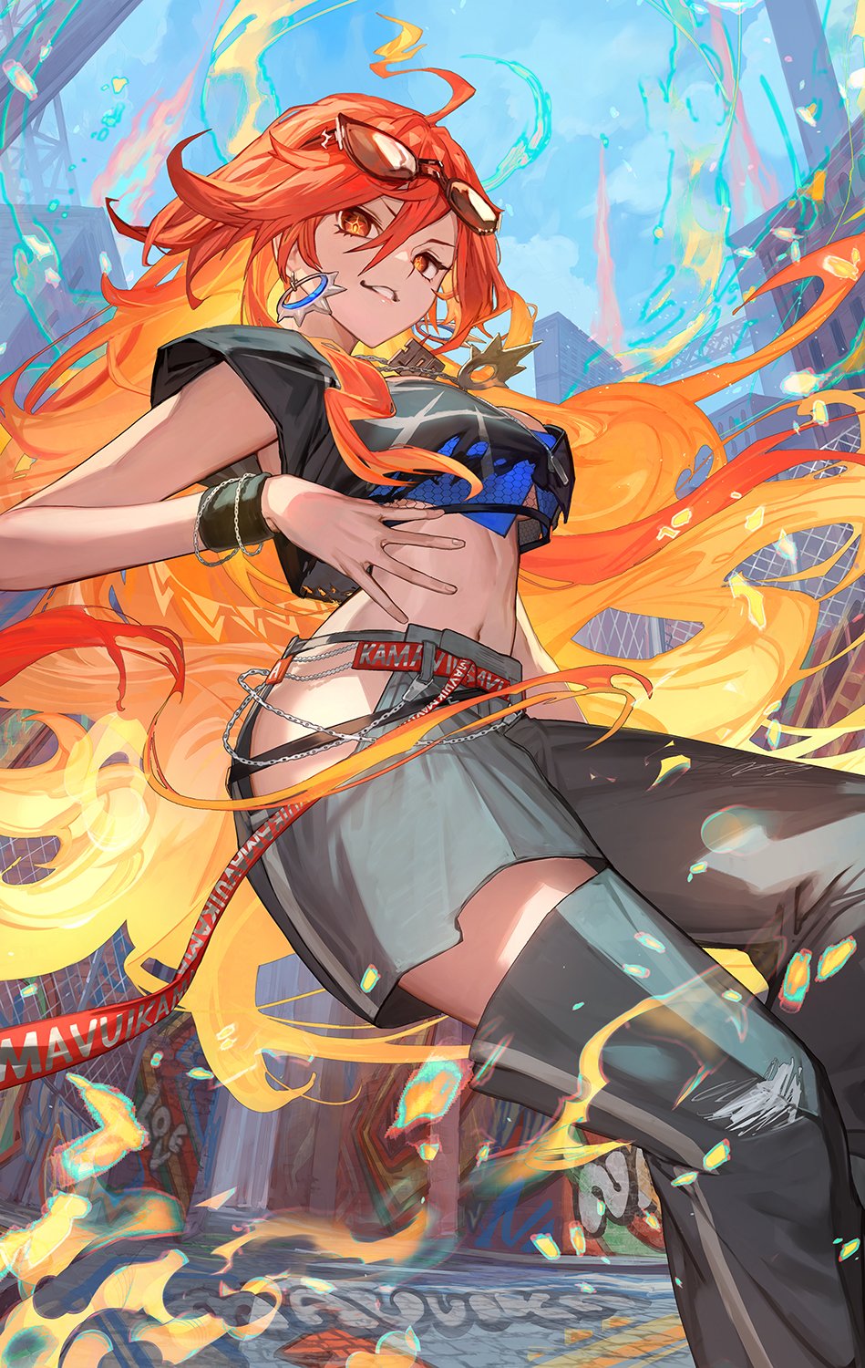 1girl black_shirt blonde_hair blue_sky earrings eyewear_on_head floating_hair genshin_impact glasses grey_pants hair_between_eyes highres jewelry lack long_hair looking_at_viewer mavuika_(genshin_impact) midriff multicolored_hair navel open_mouth outdoors pants red_eyes red_hair shirt short_sleeves sky smile streetwear sunburst_iris wristband