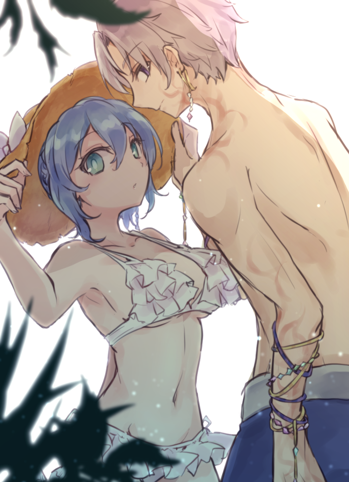 1boy 1girl atelier_(series) bare_shoulders bikini blue_eyes blue_hair blue_male_swimwear blurry blurry_foreground bracelet breasts closed_mouth commentary_request cowboy_shot earrings frilled_bikini frills from_side grey_eyes grey_hair hair_between_eyes hand_on_headwear hat jewelry karasumi_(aiseec) looking_at_viewer looking_back lotus_mcgregor male_swimwear medium_breasts multiple_bracelets navel nelke_to_densetsu_no_renkinjutsushi_tachi nelke_von_luchetam outdoors short_hair simple_background standing straw_hat sun_hat swimsuit white_background white_bikini