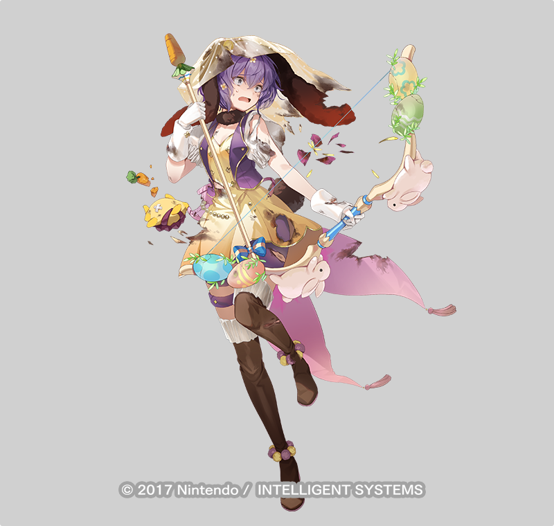 1girl animal_ears arrow_(projectile) bernadetta_von_varley bernadetta_von_varley_(spring) boots bow_(weapon) dress fake_animal_ears fake_tail fire_emblem fire_emblem:_three_houses fire_emblem_heroes flower frills full_body fur_collar gloves green_eyes grey_background hair_ornament holding holding_arrow holding_bow_(weapon) holding_weapon hood kanda_done leg_up nintendo official_art open_mouth petals polka_dot pom_pom_(clothes) puffy_short_sleeves puffy_sleeves purple_eyes rabbit_ears rabbit_tail ribbon see-through_clothes short_dress short_hair short_sleeves shorts solo stuffed_animal stuffed_toy tachi-e tail thigh_boots thigh_strap torn_clothes torn_dress torn_gloves weapon