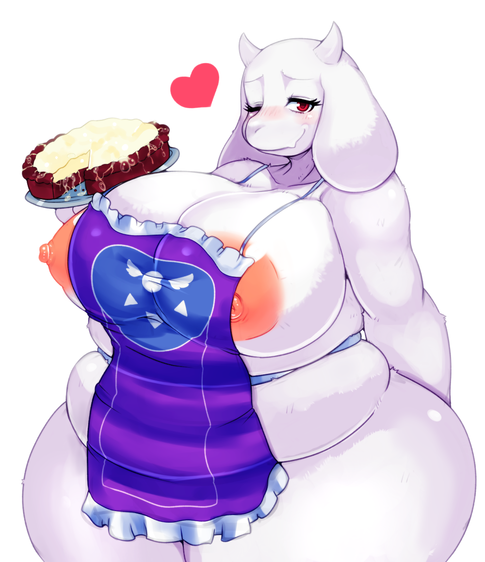 1girl animal_ears apron breasts fangs fat female_focus food furry furry_female gigantic_breasts goat_ears horns large_areolae mato_spectoru mature_female naked_apron nipples pie plump solo thick_thighs thighs toriel tray undertale wide_hips