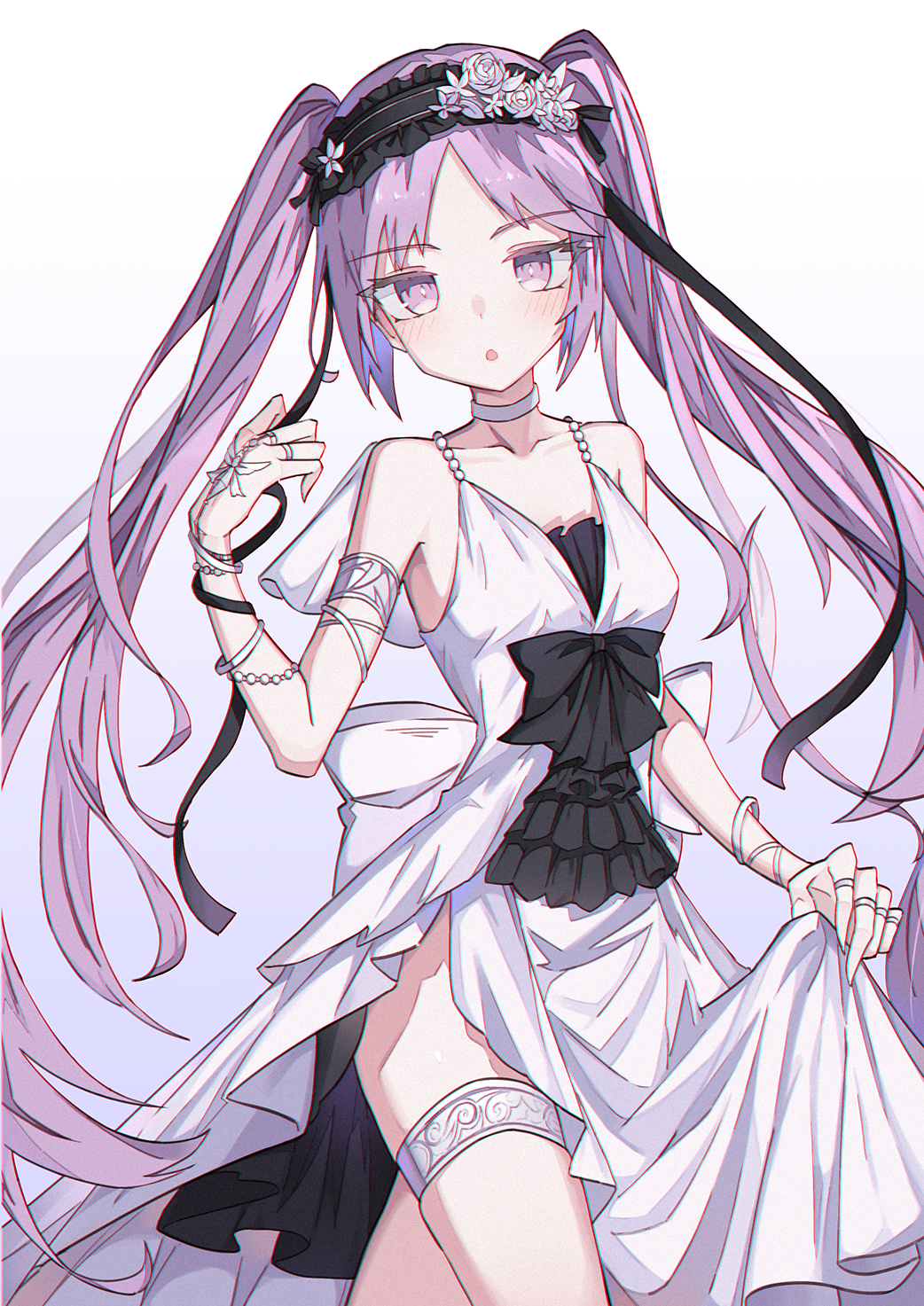 1girl :o armlet back_bow bare_shoulders black_bow black_hairband bow bracelet breasts collarbone commentary cowboy_shot dress euryale_(fate) euryale_(third_ascension)_(fate) expressionless fate/grand_order fate/hollow_ataraxia fate_(series) flower_hairband gradient_background hairband hand_up highres jewelry long_hair looking_at_viewer neck_ring purple_eyes purple_hair simple_background skirt_hold sleeveless sleeveless_dress solo thighlet twintails verslll very_long_hair white_bow white_dress