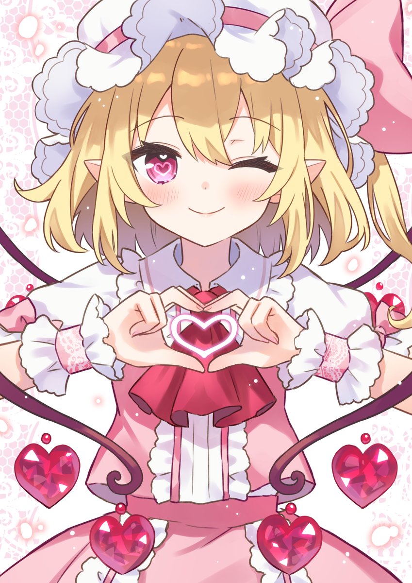 1girl 4-finger_heart_hands ;) ahase_hino alternate_costume blonde_hair blush bow center_frills closed_mouth commentary_request cowboy_shot dress eyelashes flandre_scarlet frilled_dress frilled_wrist_cuffs frills hair_between_eyes hands_up happy hat hat_bow heart heart-shaped_pupils heart_hands heart_in_eye heart_in_heart_hands highres looking_at_viewer medium_hair mob_cap one_eye_closed one_side_up pink_bow pink_dress pink_eyes pink_wrist_cuffs pointy_ears puffy_short_sleeves puffy_sleeves short_sleeves simple_background smile solo symbol-shaped_pupils symbol_in_eye touhou tsurime white_background white_hat wings wrist_cuffs