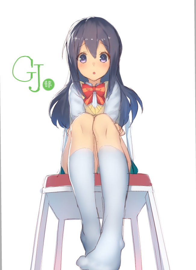 10s 1boy :o black_hair chair copyright_name crossdressing gj-bu izumi_sai long_hair looking_at_viewer male_focus purple_eyes school_uniform shinomiya_kyouya simple_background sitting socks solo trap white_background white_socks