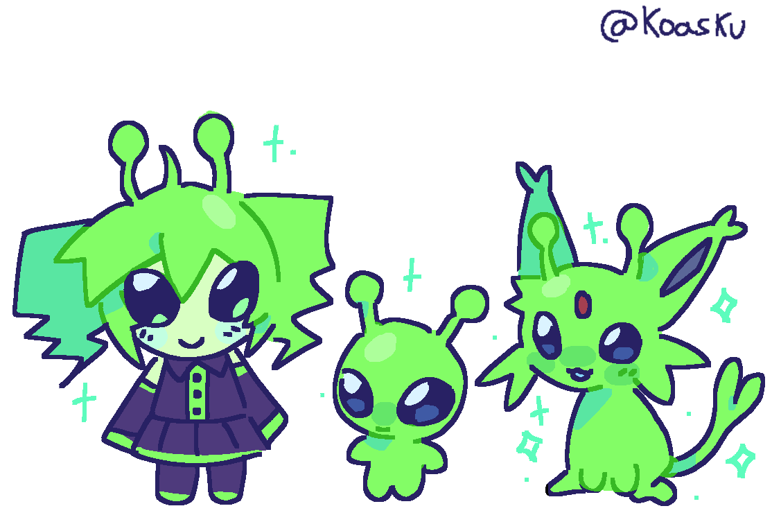 1girl alien alternate_color alternate_hair_length alternate_hairstyle antennae black_dress blush closed_mouth commentary creatures_(company) detached_sleeves dress drill_hair english_commentary espeon full_body game_freak gen_2_pokemon green_hair kasane_teto koasku long_sleeves nintendo pokemon pokemon_(creature) shiny_pokemon simple_background smile solo twin_drills utau white_background