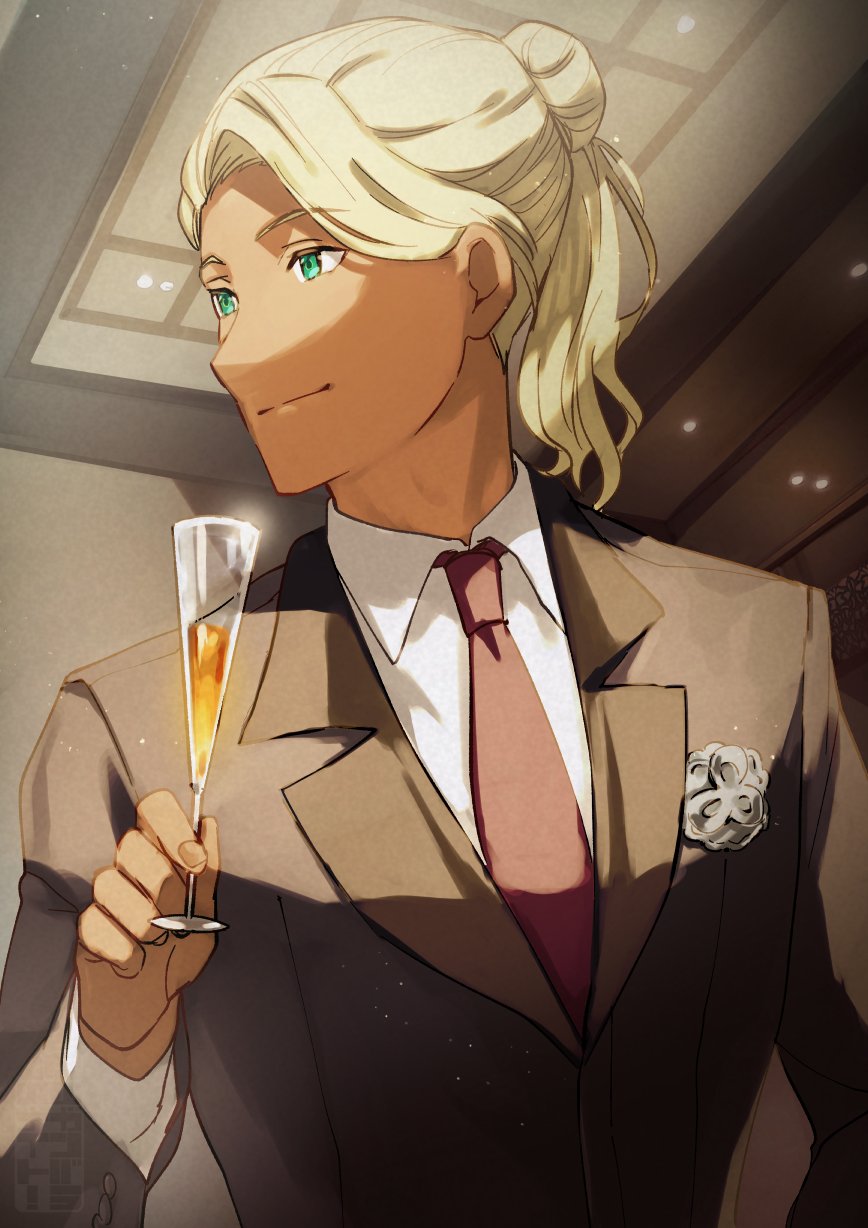 1boy aqua_eyes black_jacket black_suit blonde_hair collared_shirt cup dark-skinned_male dark_skin formal_clothes gundam gundam_suisei_no_majo hair_behind_ear hair_bun highres holding holding_cup indoors jacket lapel_pin long_hair looking_to_the_side male_focus necktie ponytail red_necktie shaddiq_zenelli shirt single_hair_bun smile solo suit suit_jacket swept_bangs teria_(teriarian) upper_body white_shirt