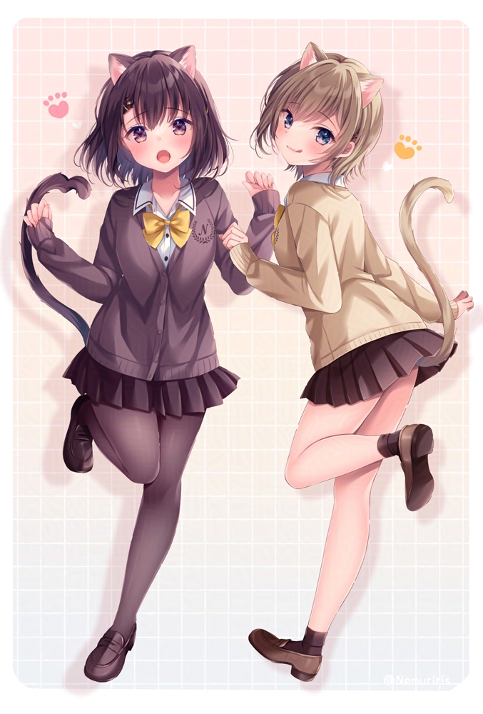 2girls animal_ear_fluff animal_ears black_pantyhose black_skirt black_socks blonde_hair blue_eyes border bow bowtie brown_cardigan brown_hair brown_shoes cardigan cat_ears cat_girl cat_tail collared_shirt commentary_request full_body grid_background hands_up long_sleeves miniskirt multiple_girls nemuri_nemu original pantyhose pleated_skirt purple_eyes school_uniform shirt shoes short_hair skirt socks standing standing_on_one_leg tail twitter_username white_border white_shirt yellow_bow yellow_bowtie yellow_cardigan