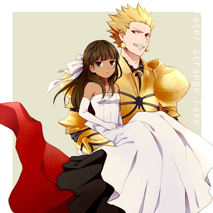 1boy 1girl armor bare_shoulders blonde_hair breasts brown_eyes brown_hair clenched_teeth copyright_name dark_skin dress earrings elbow_gloves fate/stay_night fate/strange_fake fate_(series) gilgamesh_(fate) gloves grin hair_ornament jewelry long_hair open_mouth red_eyes ribbon short_hair shoulder_pads smile teeth tine_chelc