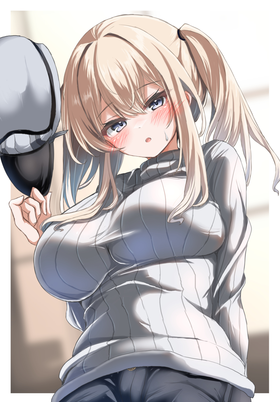 1girl blonde_hair blue_eyes blush breasts denim graf_zeppelin_(kancolle) grey_sweater hat highres jeans kantai_collection kasashi_(kasasi008) large_breasts looking_at_viewer military_hat open_mouth pants solo sweater twintails