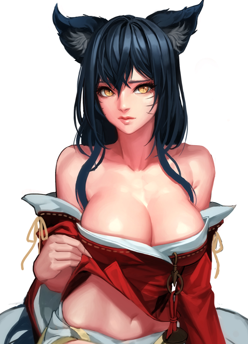 1girl ahri_(league_of_legends) animal_ears bare_shoulders black_hair breasts cherrylich cleavage clothes_lift daeho_cha facial_mark female_focus fox_ears highres korean_clothes large_breasts league_of_legends lips long_hair looking_at_viewer low_neckline midriff navel shirt_lift simple_background slit_pupils solo whisker_markings white_background yellow_eyes