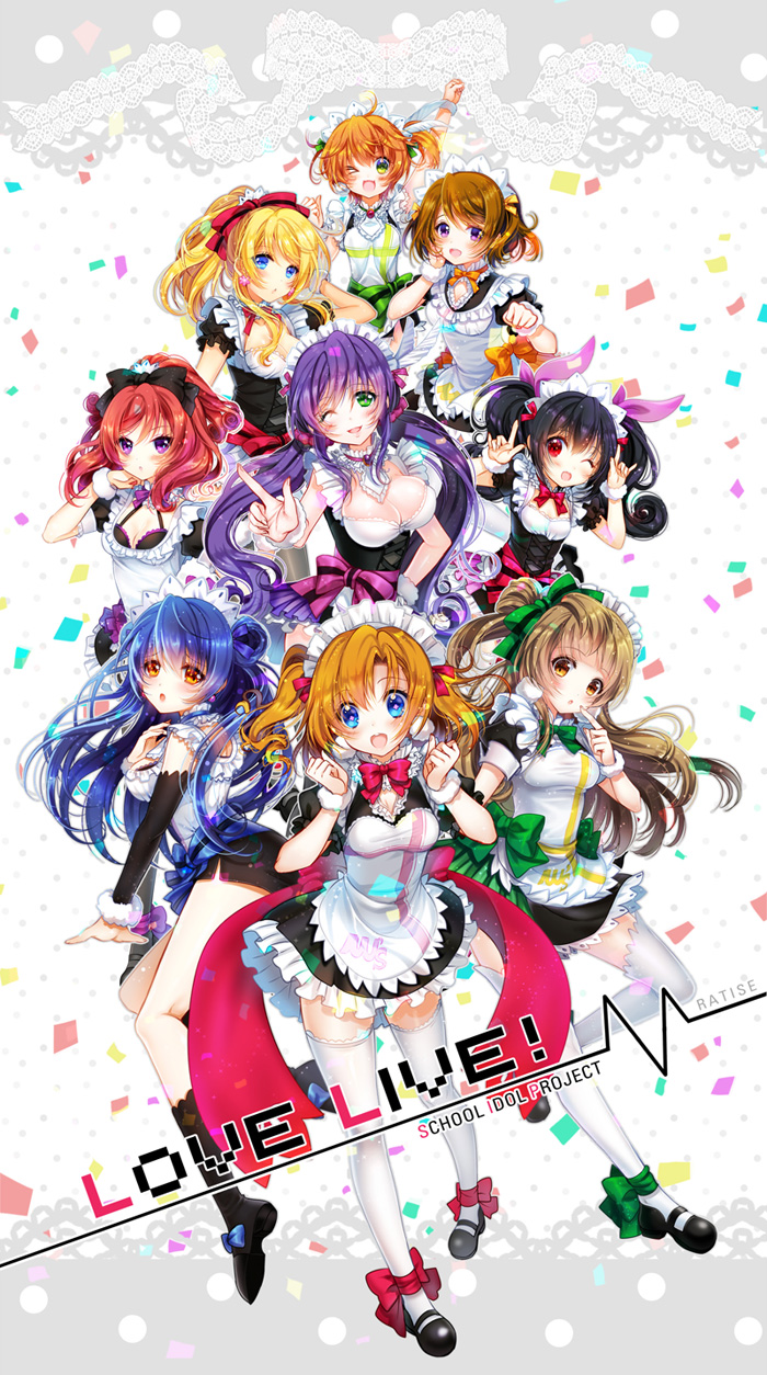 10s 6+girls ;d \m/ apron arm_up ayase_eli blonde_hair blue_eyes blue_hair blush breasts brown_hair detached_sleeves double_\m/ fur_trim green_eyes hair_ribbon hand_on_own_cheek hand_on_own_face highres hoshizora_rin koizumi_hanayo kosaka_honoka large_breasts long_hair looking_at_viewer love_live! love_live!_school_idol_project maid maid_apron maid_headdress medium_breasts minami_kotori mogyutto_&quot;love&quot;_de_sekkin_chuu! multiple_girls nishikino_maki one_eye_closed open_mouth orange_eyes orange_hair pencil_skirt ponytail purple_eyes ratise red_eyes red_hair ribbon short_hair skirt smile sonoda_umi thighhighs tojo_nozomi twintails white_legwear wink wrist_cuffs yazawa_nico zettai_ryouiki