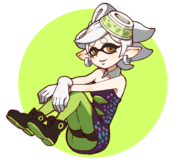 1girl bad_id bad_twitter_id bike_shorts brown_eyes detached_collar dress earrings female_focus full_body gloves green_pantyhose inkling jewelry kirusu marie_(splatoon) mole mole_under_eye nintendo pantyhose pantyhose_under_shorts pointy_ears short_hair shorts shorts_under_dress simple_background smile solo splatoon_(series) splatoon_1 strapless strapless_dress white_gloves white_hair