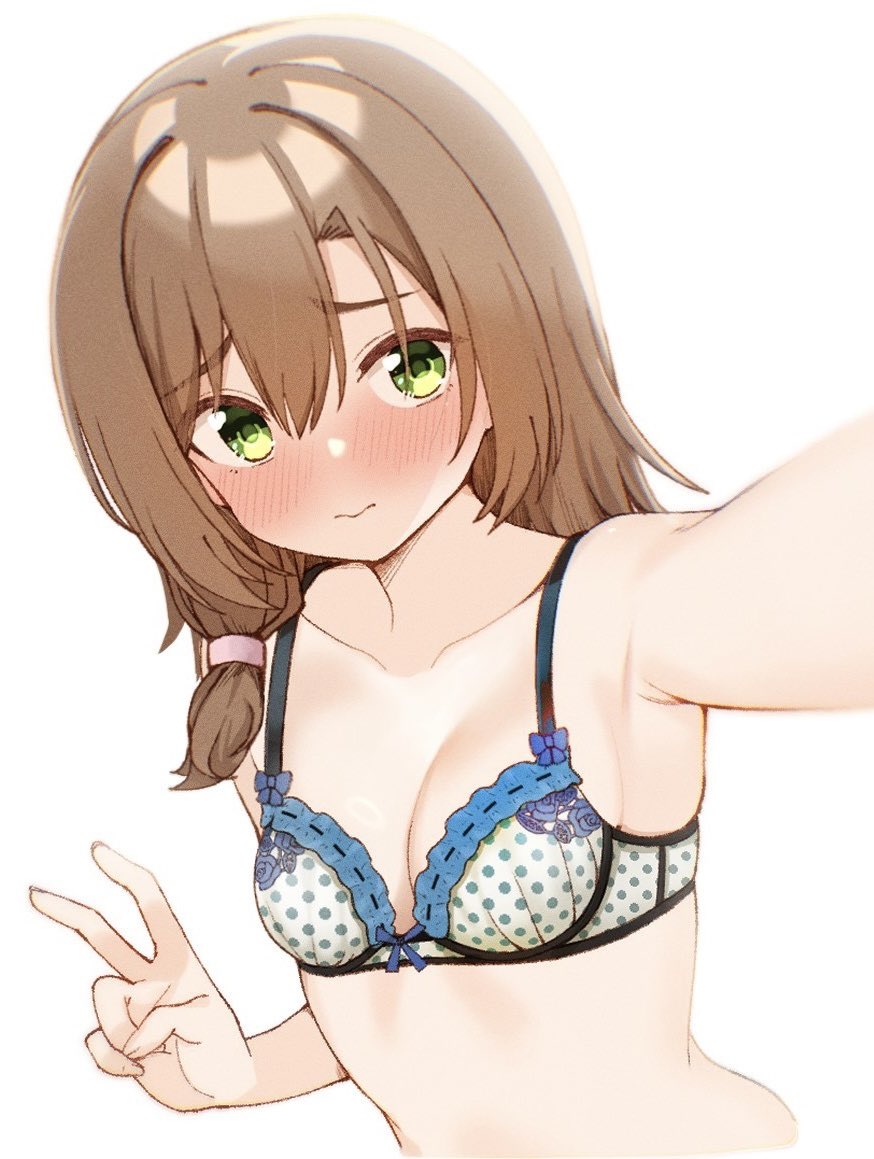 1girl 3: armpit_crease blue_bow blush bow bow_bra bra breasts brown_hair cleavage closed_mouth collarbone commentary_request floral_print frilled_bra frills furrowed_brow green_eyes hair_between_eyes hair_intakes hand_up long_hair looking_at_viewer low-tied_long_hair medium_breasts mikuni_sairi polka_dot polka_dot_bra print_bra rose_print selfie shy simple_background solo tenshi_souzou_re-boot! tft_(tft7822) thick_eyebrows underwear underwear_only upper_body v white_background white_bra