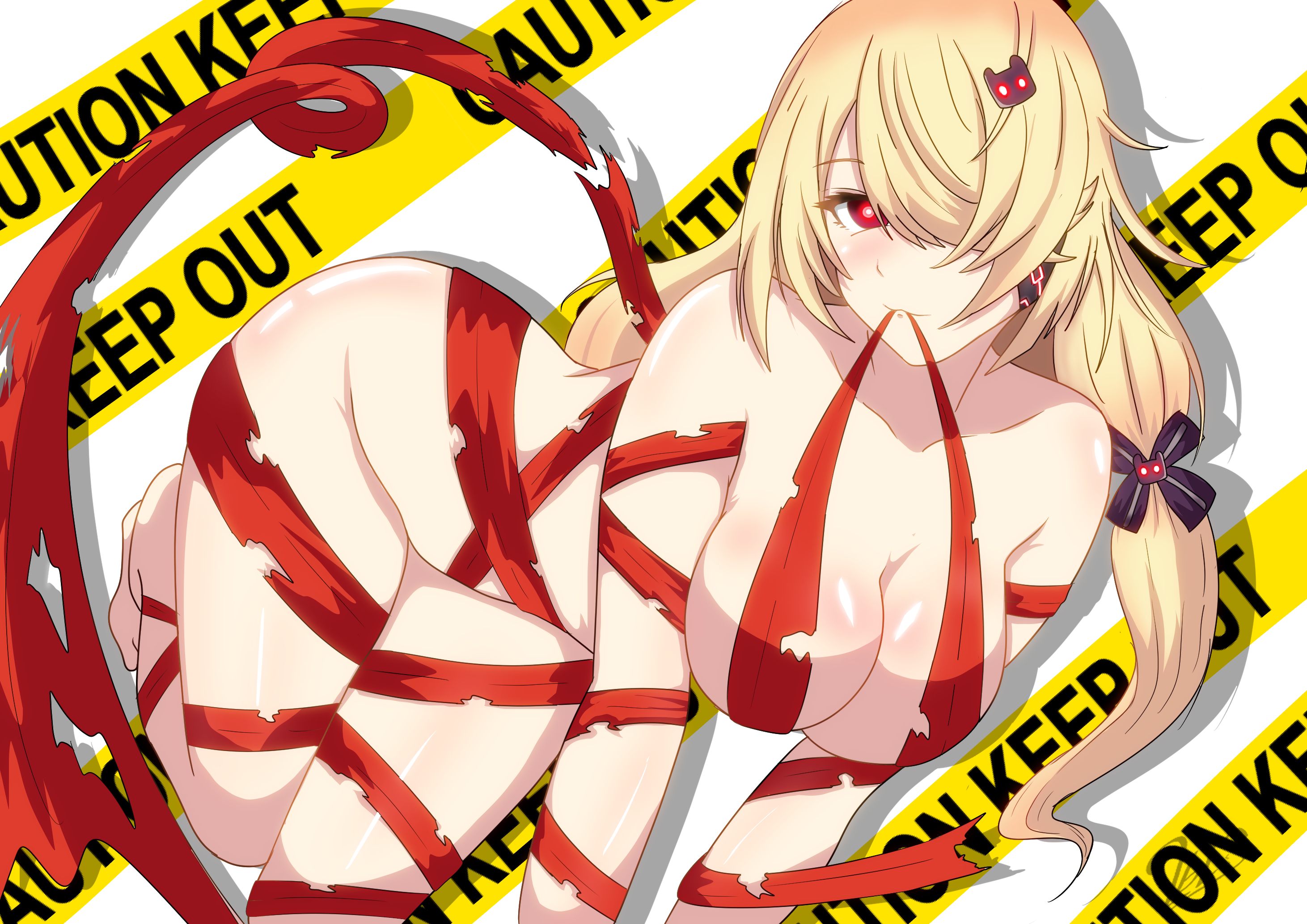 2bls, nemesis (tower of fantasy), tower of fantasy, highres, 1girl, bare  shoulders, blonde hair, breasts, caution tape, cleavage, hair ornament,  hair over one eye, hairclip, keep out, large breasts, long hair, looking