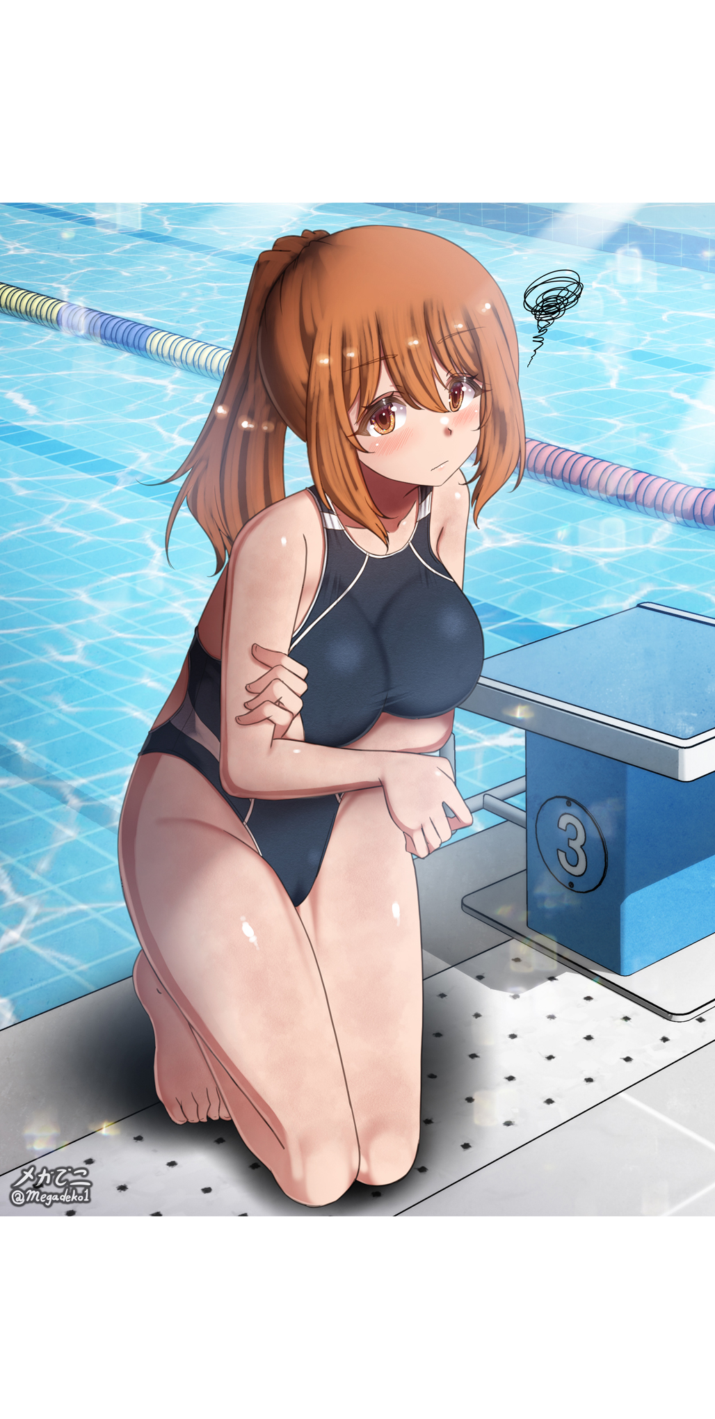 1girl barefoot blush breasts cameltoe closed_mouth highres indoors kneeling large_breasts long_hair looking_at_viewer megadeko one-piece_swimsuit orange_eyes orange_hair original ponytail pool solo swimsuit