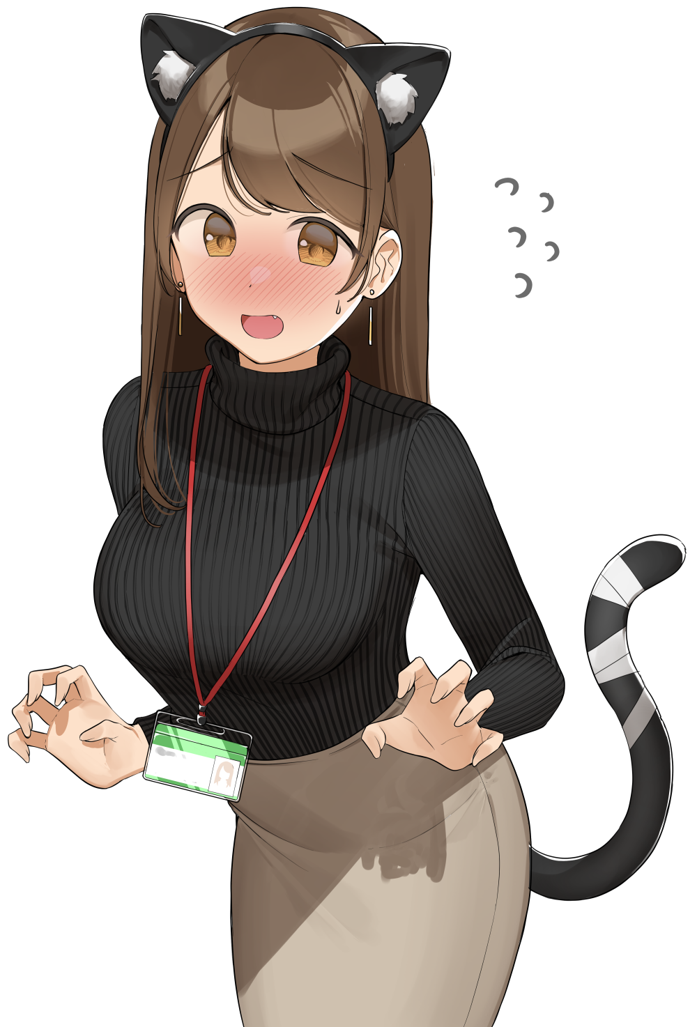 1girl animal_ears bandaged_tail black_sweater blush breasts brown_eyes brown_hair cat_ears cat_girl cat_tail claw_pose commentary_request dorsiflexion_(wrist) dot_nose earrings fake_animal_ears fang flying_sweatdrops gradient_eyes grey_skirt hands_up highres jewelry large_breasts long_hair long_sleeves looking_at_viewer multicolored_eyes nervous_smile nose_blush office_lady ol-chan_(ol_mahonanoka) ol_mahonanoka open_mouth original pencil_skirt ribbed_sweater simple_background skirt smile solo sweater swept_bangs tail turtleneck turtleneck_sweater upper_body white_background