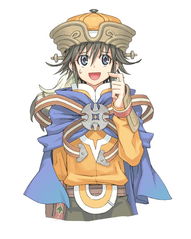 1girl annie_eilenberg atelier_(series) atelier_annie black_hair blue_eyes cape earrings female_focus hat jewelry official_art orange_hat short_hair smile solo watanuki_nao white_background