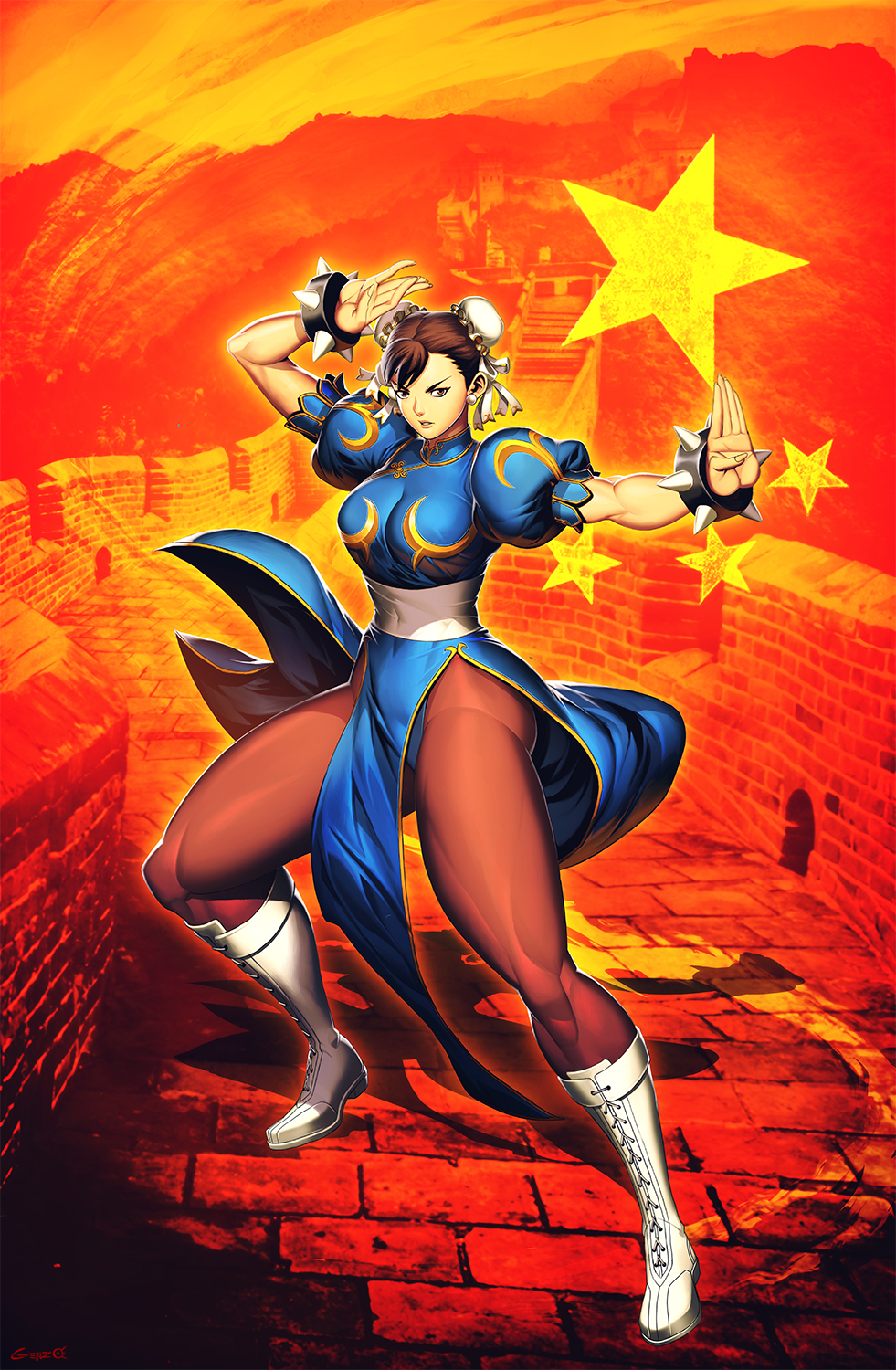 1girl boots bracelet breasts capcom china_dress chinese_clothes chun-li commentary dress english_commentary fighting_stance genzoman great_wall_of_china highres jewelry kung_fu large_breasts looking_at_viewer martial_arts muscular muscular_female official_art people&#039;s_republic_of_china_flag promotional_art spiked_bracelet spikes street_fighter street_fighter_ii_(series) thighhighs toned