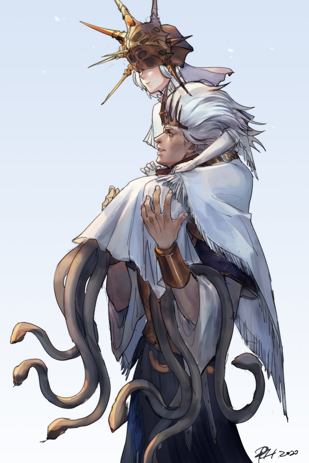 2boys brothers cn_phoebe covered_eyes crown dark_souls_(series) dark_souls_i dark_souls_iii dark_sun_gwyndolin helmet helmet_over_eyes highres jewelry long_hair multiple_boys nameless_king over_shoulder robe siblings snake white_hair