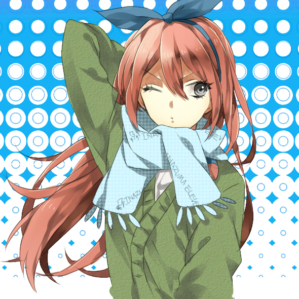 1girl female_focus green_eyes grey_eyes hair_ribbon inazuma_eleven inazuma_eleven_(series) inazuma_eleven_go long_hair one_eye_closed red_hair ribbon scarf seto_midori solo wink wonoco0916