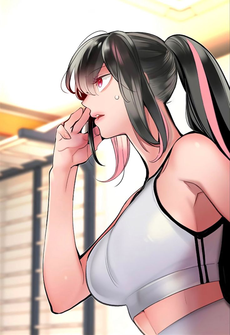 1girl angry blush breasts female_focus full_body jungle_juice large_breasts long_hair looking_to_the_side multicolored_hair park_huijin shirt shoes streaked_hair white_shirt yellow_background