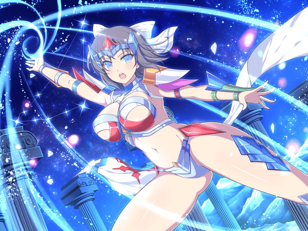 1girl armlet armor bikini_armor blue_eyes blue_gemstone blush bow breasts cleavage column constellation cryokinesis energy gem grey_hair groin hair_bow headpiece ice ice_shard jewelry large_breasts light_particles linea_alba looking_at_viewer magic mountain mountainous_horizon navel night night_sky official_alternate_costume official_art open_mouth pauldrons pillar red_armor red_gemstone revealing_clothes saint_seiya scarf senran_kagura senran_kagura_new_link senran_kagura_shinovi_versus short_hair shoulder_armor sky snow snowflakes solo star_(sky) starry_sky striped_bow teeth tongue upper_teeth_only vambraces white_bow white_scarf yaegashi_nan yellow_gemstone yumi_(senran_kagura)