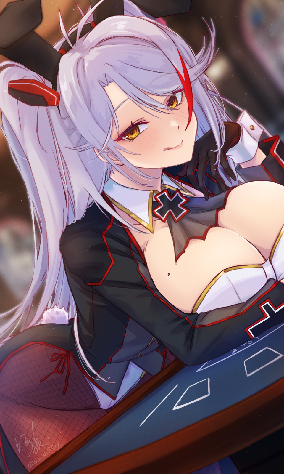 1girl animal_ears antenna_hair azur_lane breasts cleavage cross fake_animal_ears fishnet_pantyhose fishnets highres iron_cross large_breasts leaning_on_table leotard licking_lips long_hair looking_at_viewer mole mole_on_breast multicolored_hair pantyhose playboy_bunny poker_table prinz_eugen_(azur_lane) rabbit_ears red_hair streaked_hair table tongue tongue_out two_side_up waa!_okami white_hair