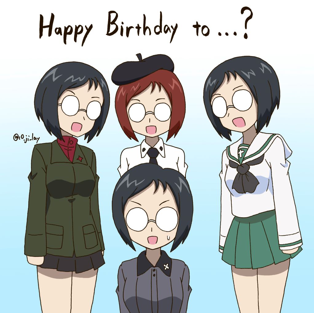 10_ji_lay 4girls anzio_school_uniform beret black_hair black_hat black_necktie black_scarf black_skirt blue_background brown_hair collared_shirt girls_und_panzer gradient_background green_jacket grey_shirt happy_birthday hat jacket katsuya_megu kuromorimine_military_uniform kuromorimine_school_uniform long_sleeves look-alike miniskirt multiple_girls necktie ooarai_school_uniform pravda_school_uniform red_shirt round_eyewear scarf school_uniform serafuku shirt short_hair signature skirt sweat white_serafuku white_shirt