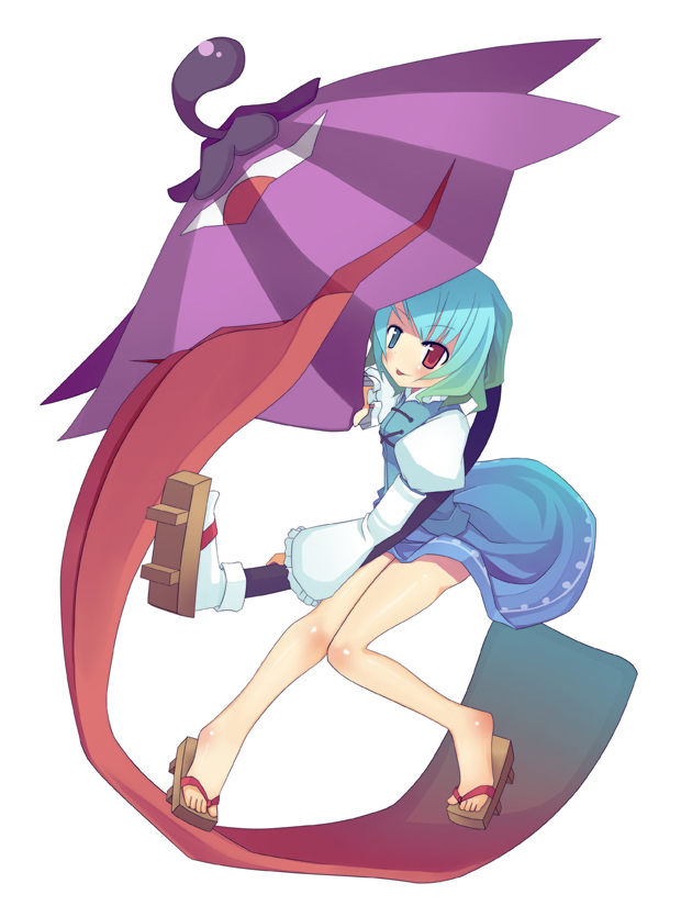 1girl :p arashiya bad_id bad_pixiv_id female_focus full_body geta green_eyes green_hair heterochromia karakasa_obake red_eyes simple_background solo tatara_kogasa tongue tongue_out touhou umbrella white_background