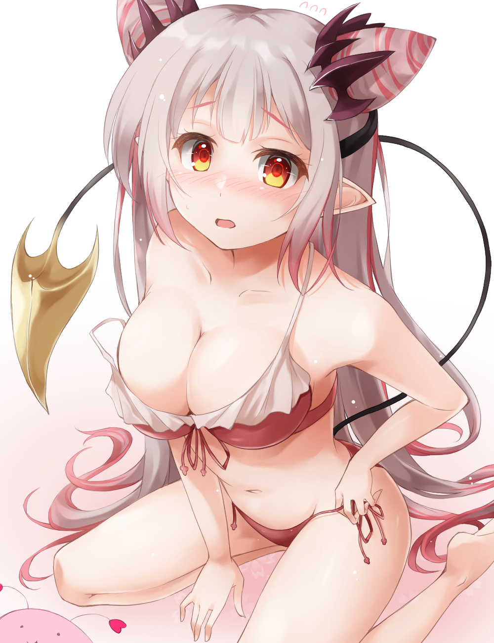 1girl nanashi_inc. bikini blush breasts cleavage cone_hair_bun demon_tail double_bun embarrassed front-tie_top fuyuno_taka gradient_hair grey_hair hair_between_eyes hair_bun highres honey_strap horns large_breasts long_hair looking_at_viewer multicolored_hair pink_hair pointy_ears red_bikini red_eyes side-tie_bikini_bottom sitting solo streaked_hair suou_patra swimsuit tail very_long_hair virtual_youtuber white_background