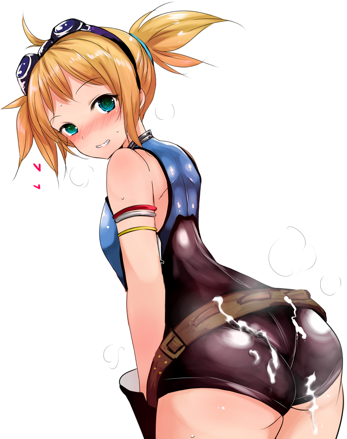 10s 1girl ahoge ass bad_id bad_twitter_id bare_shoulders belt blonde_hair blue_eyes blush cum cum_on_ass cum_on_body cum_on_clothes cum_on_lower_body female_focus from_behind granblue_fantasy grin han_(jackpot) heart leotard looking_at_viewer looking_back nose_blush pantylines pengie short_hair short_twintails simple_background smile solo thick_thighs thighs twintails white_background wide_hips