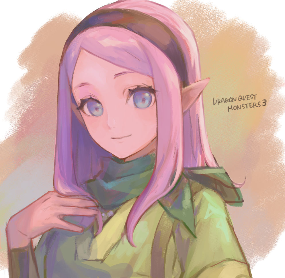 1girl black_hairband black_undershirt blue_eyes clip_studio_paint_(medium) closed_mouth commentary_request dragon_quest dragon_quest_monsters_3 elf green_scarf green_tunic hairband hand_up light_smile long_hair looking_at_viewer min10 pink_hair pointy_ears rosalie_(dq4) scarf sidelocks solo swept_bangs tunic upper_body