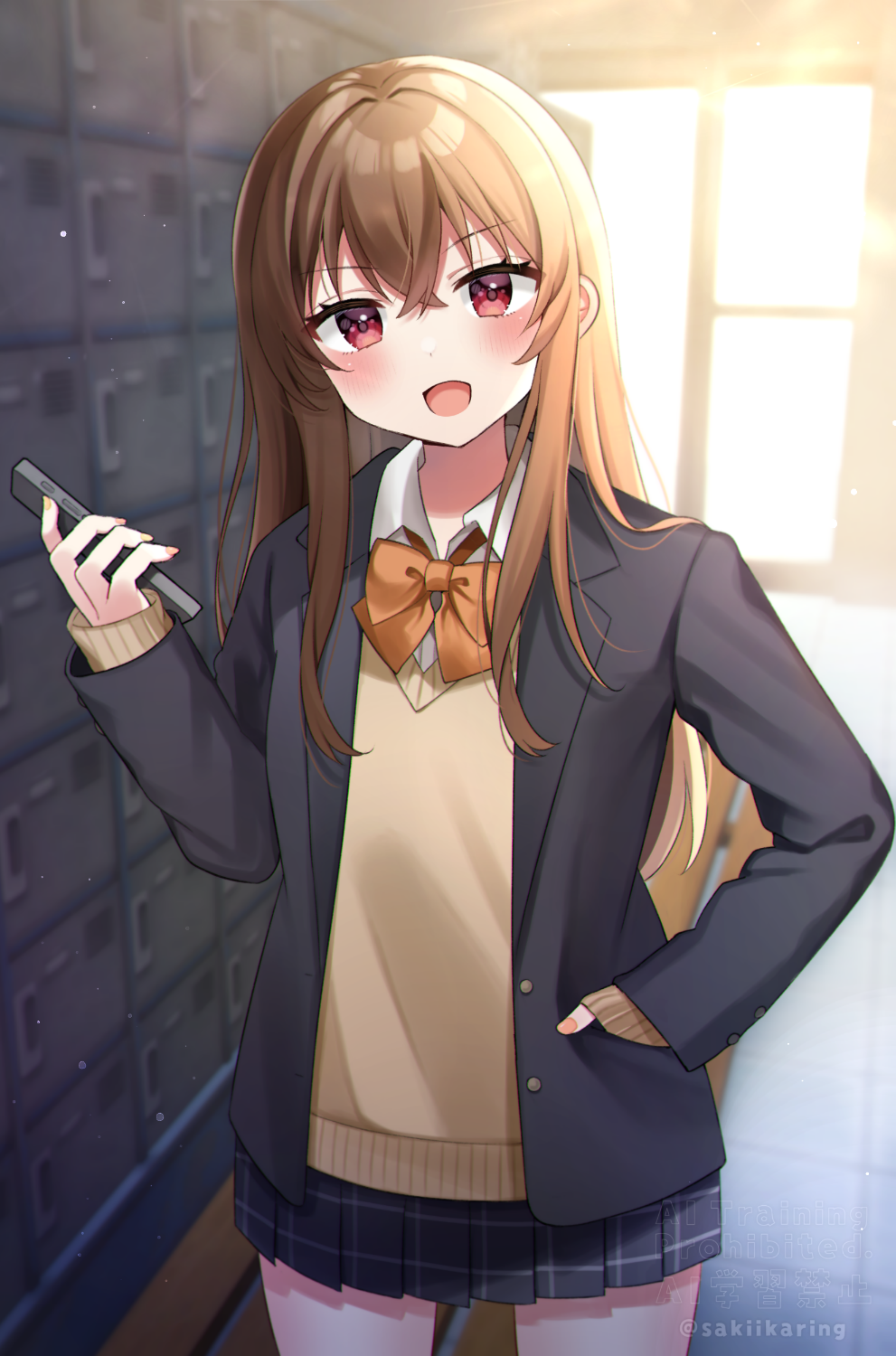 1girl :d black_jacket black_skirt blazer blush bow brown_bow brown_hair brown_sweater cellphone collared_shirt commentary_request day english_text getabako hand_in_pocket hand_up highres holding holding_phone indoors jacket long_hair long_sleeves looking_at_viewer minami_saki nail_polish open_clothes open_jacket open_mouth original phone pink_nails pleated_skirt red_eyes school_uniform shirt skirt sleeves_past_wrists smile solo sunlight sweater twitter_username very_long_hair watermark white_shirt