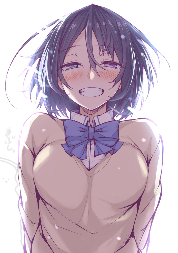 1girl blue_bow blue_bowtie blue_eyes blush bow bowtie breasts collared_shirt commentary_request female_focus grin half-closed_eyes happy heterochromia large_breasts long_hair looking_at_viewer messy_hair nishi_minami original purple_eyes shirt short_hair simple_background smile solo suterii upper_body vest white_background wing_collar