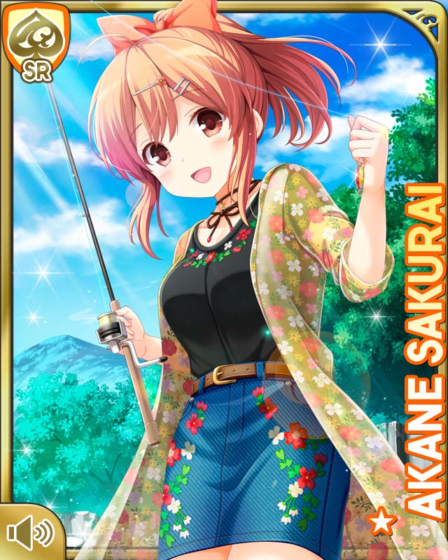 1girl :d black_neckwear black_shirt blouse blue_skirt bow brown_eyes brown_hair card_(medium) day fishing_rod girlfriend_(kari) green_jacket hair_ornament jacket looking_at_viewer official_art open_mouth outdoors ponytail qp:flapper river sakurai_akane_(girlfriend) shirt skirt smile standing